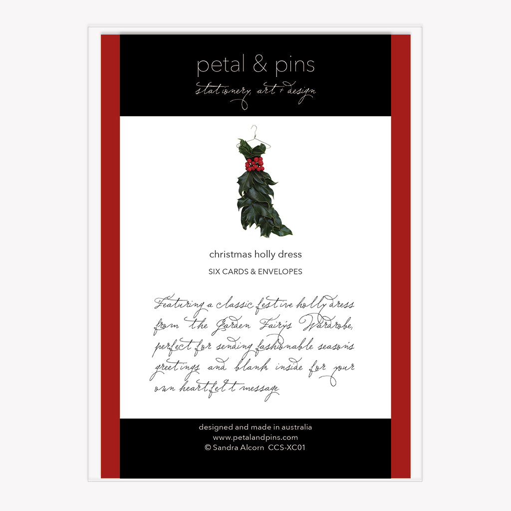 seasons greetings holly - boxed set of six christmas cards (back) by petal & pins