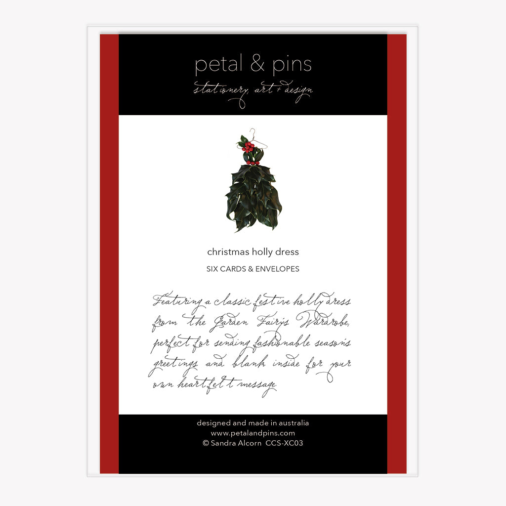 festive greetings holly - boxed set of six Christmas cards (back) by petal & pins