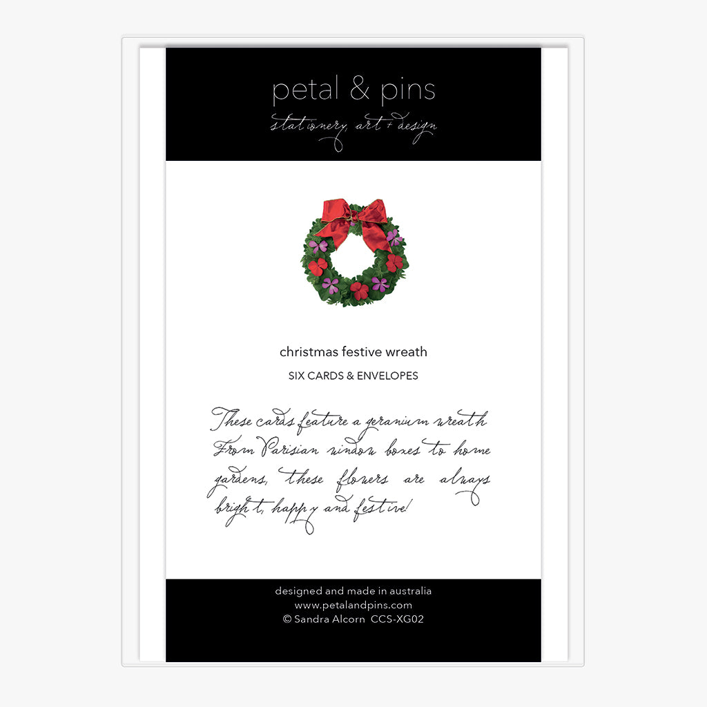 christmas festive wreath - boxed set of six christmas cards (back) by petal & pins