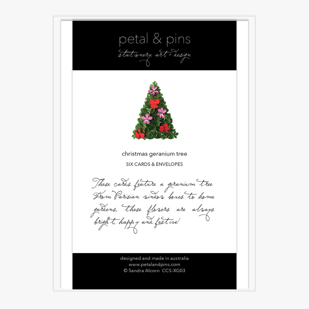 christmas geranium tree - boxed set of six christmas cards (back) by petal & pins