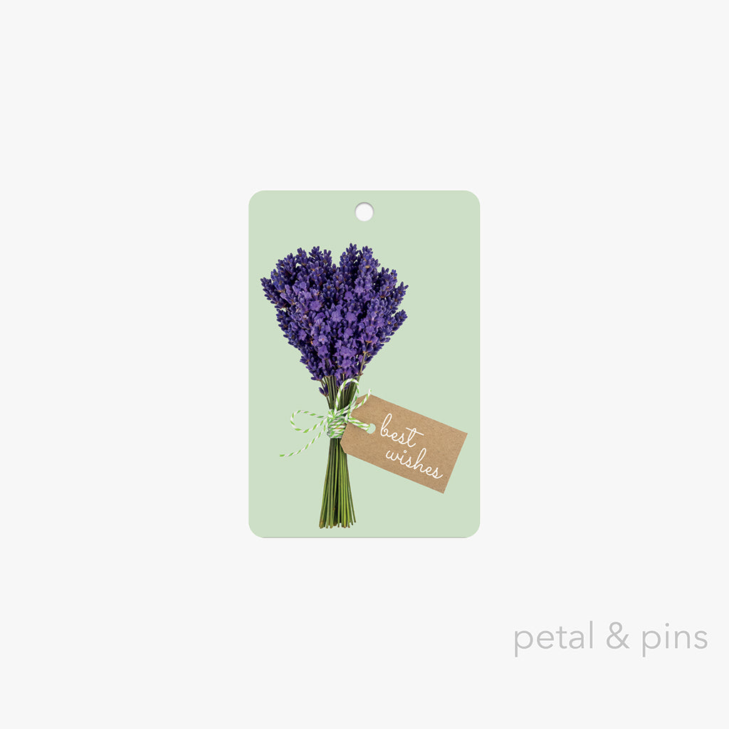 lavender posy gift tag on a green background with 'best wishes' tag by petal & pins