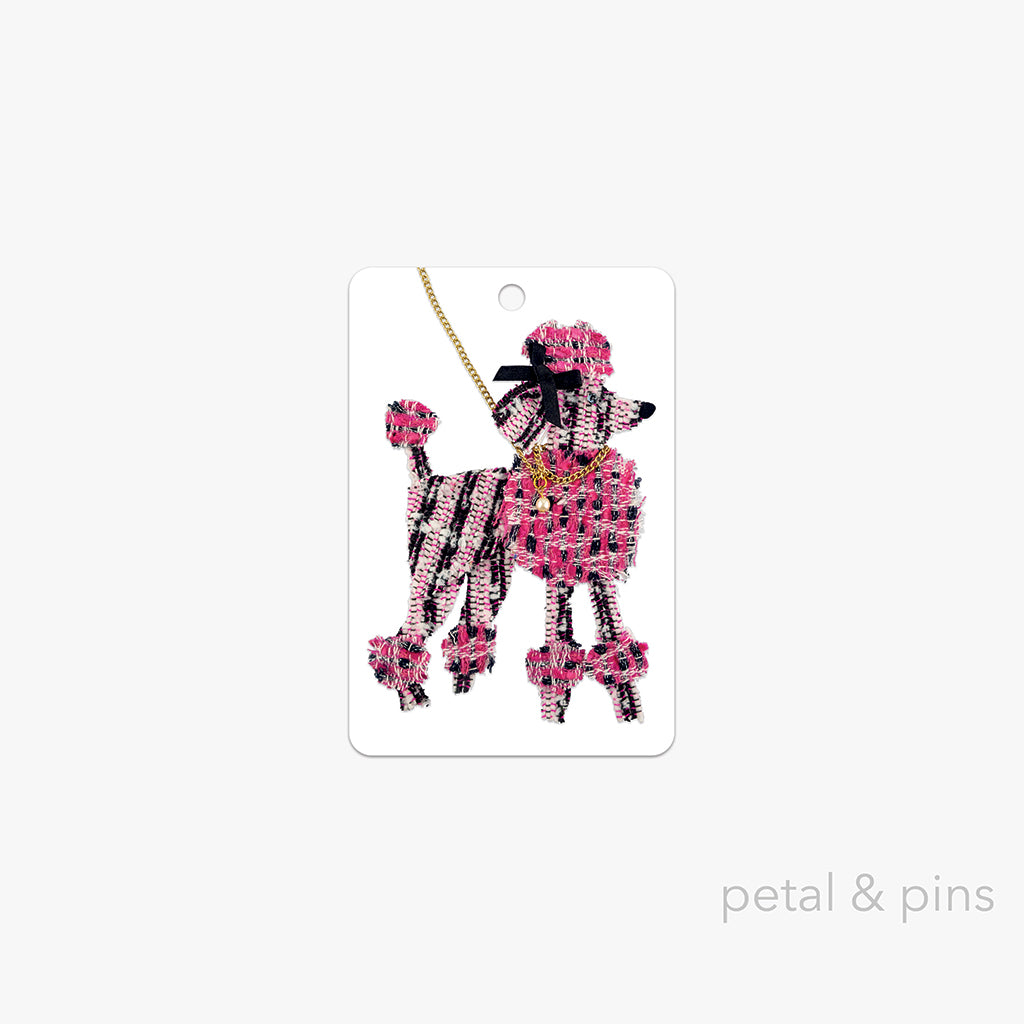 poodle gift tag by petal & pins featuring a pink and black poodle dog with a gold chain lead on a white background