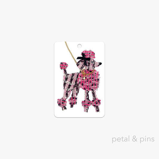 poodle gift tag by petal & pins featuring a pink and black poodle dog with a gold chain lead on a white background