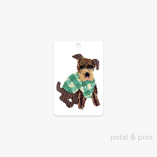 boxer gift tag by petal & pins featuring a brown boxer dog wearing a green coat