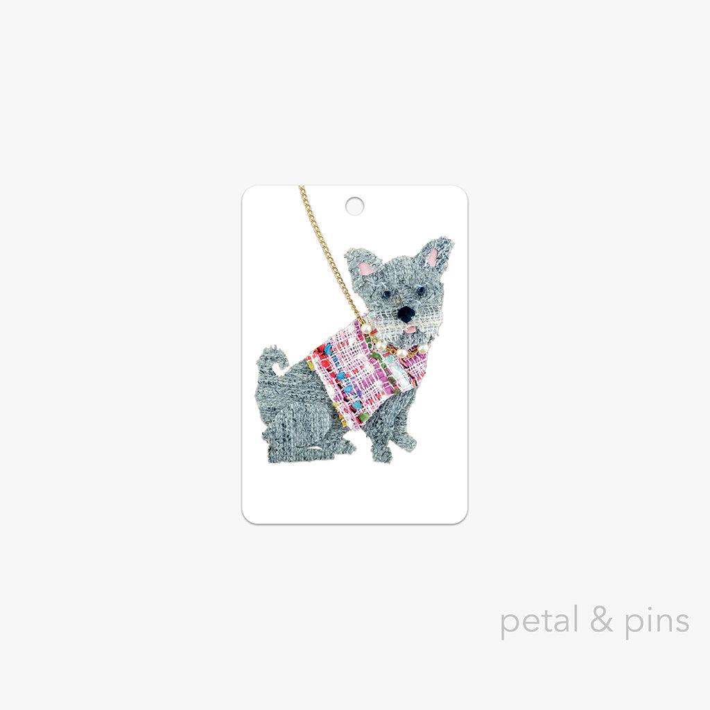 french bulldog gift tag by petal & pins featuring a grey French bulldog wearing a pink plaid coat with a pearl collar and gold chain lead