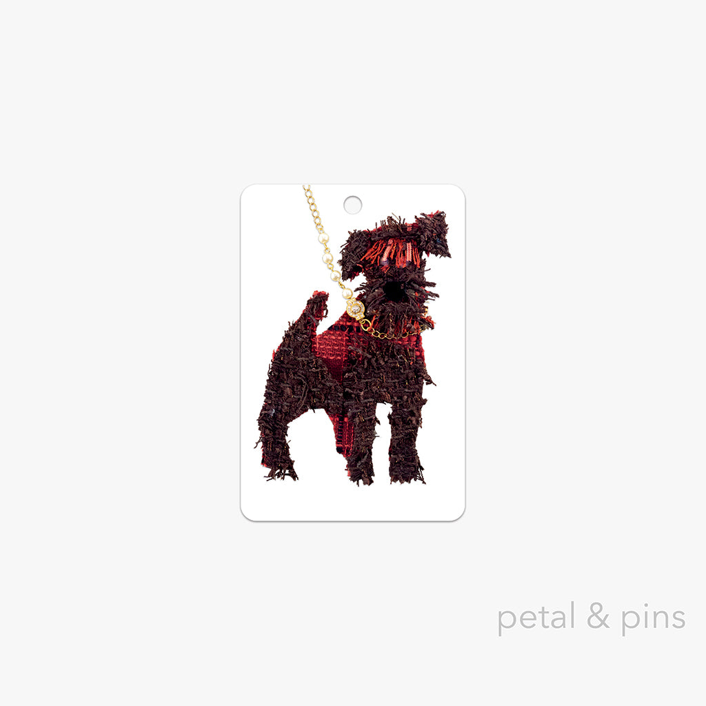 irish terrier gift tag by petal & pins featuring a brown Irish terrier dog wearing a red jacket with a gold chain lead