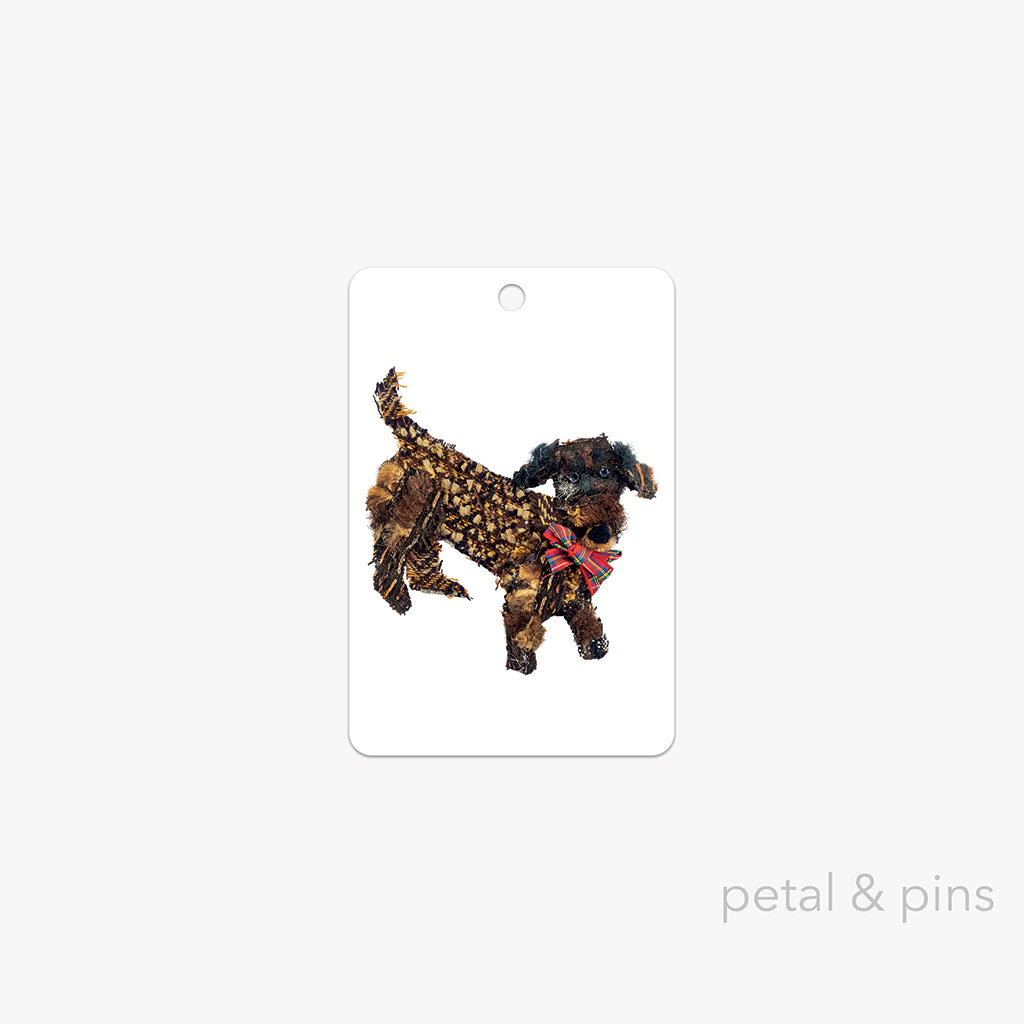 dachshund gift tag by petal & pins featuring a dachshund dog with a bow tie on a white background