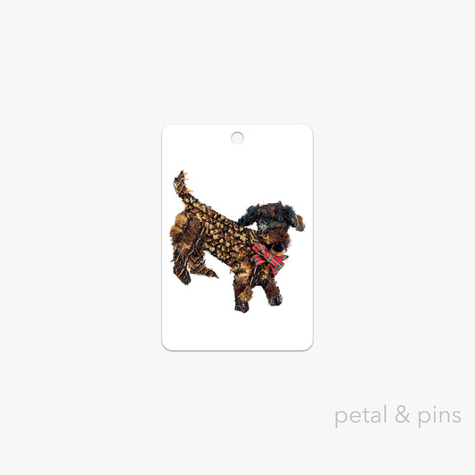 dachshund gift tag by petal & pins featuring a dachshund dog with a bow tie on a white background