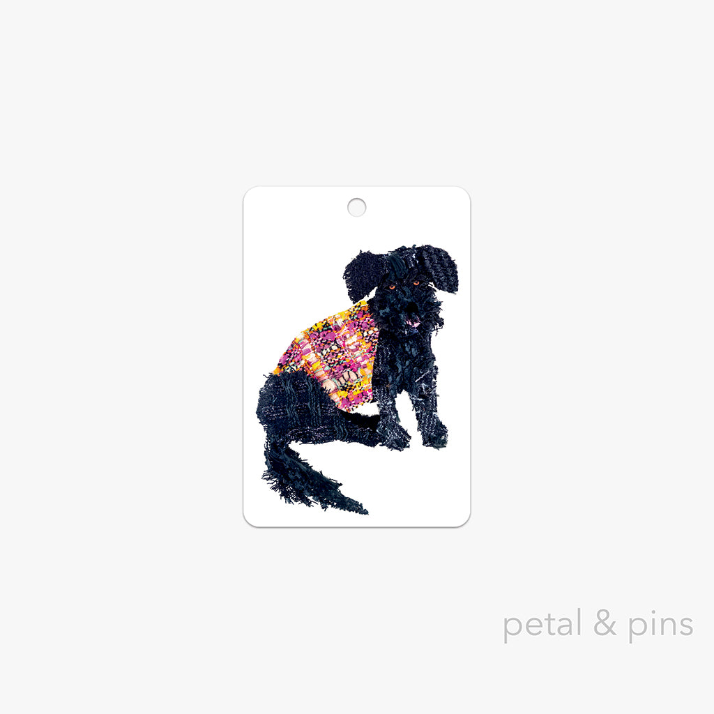 black labradoodle gift tag by petal & pins featuring a black dog wearing a colourful sweater on a white background.