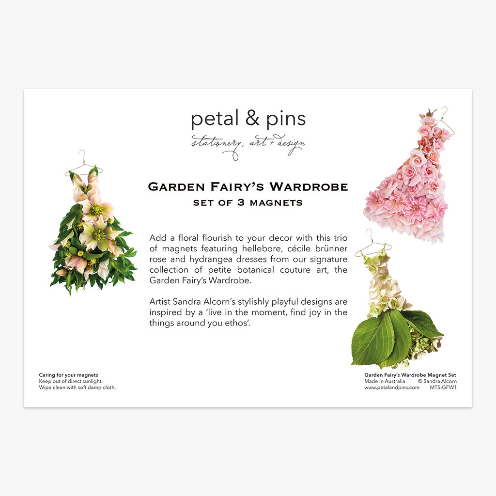 garden fairy's wardrobe spring flowers set of 3 magnets (back) by petal & pins