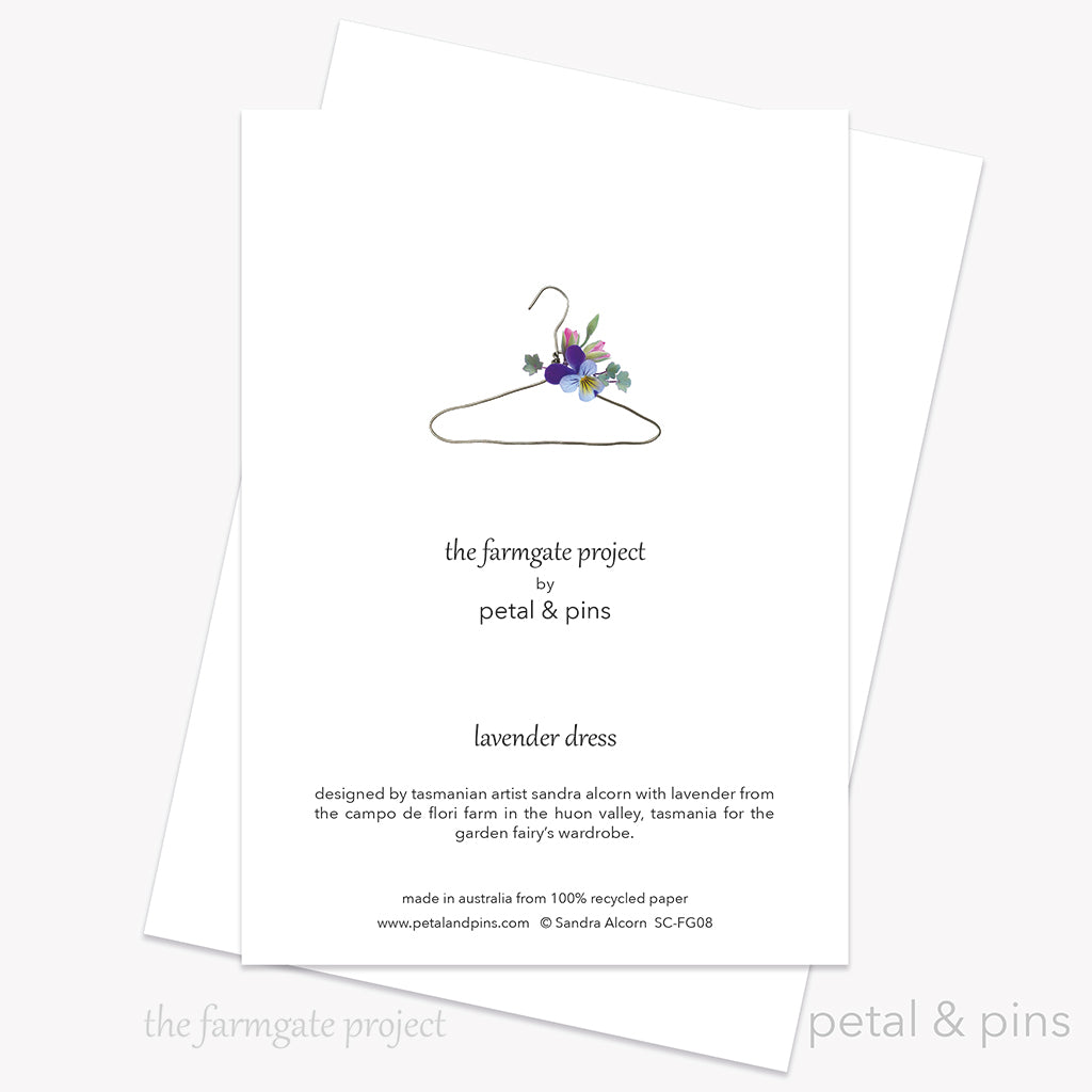 campo de flori lavender dress greeting card back by petal & pins for the farmgate project