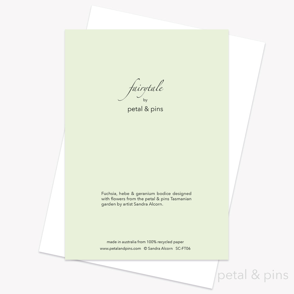 fuchsia hebe geranium bodice greeting card (back) from the fairytale collection by petal & pins
