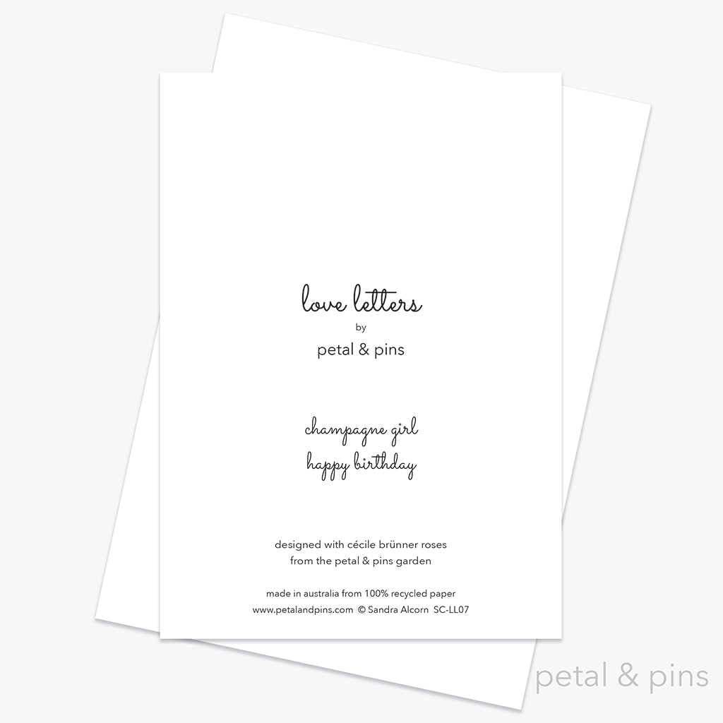 champagne girl happy birthday greeting card back by petal & pins