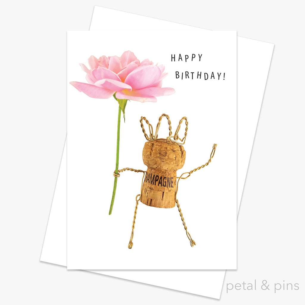 champagne girl happy birthday greeting card by petal & pins