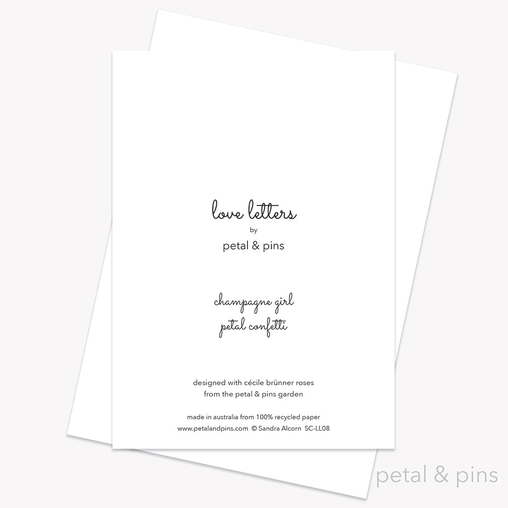 champagne girl petal confetti greeting card back by petal & pins