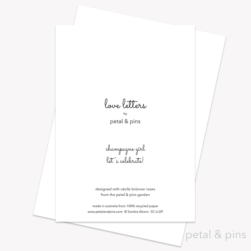 champagne girl let's celebrate greeting card back by petal & pins
