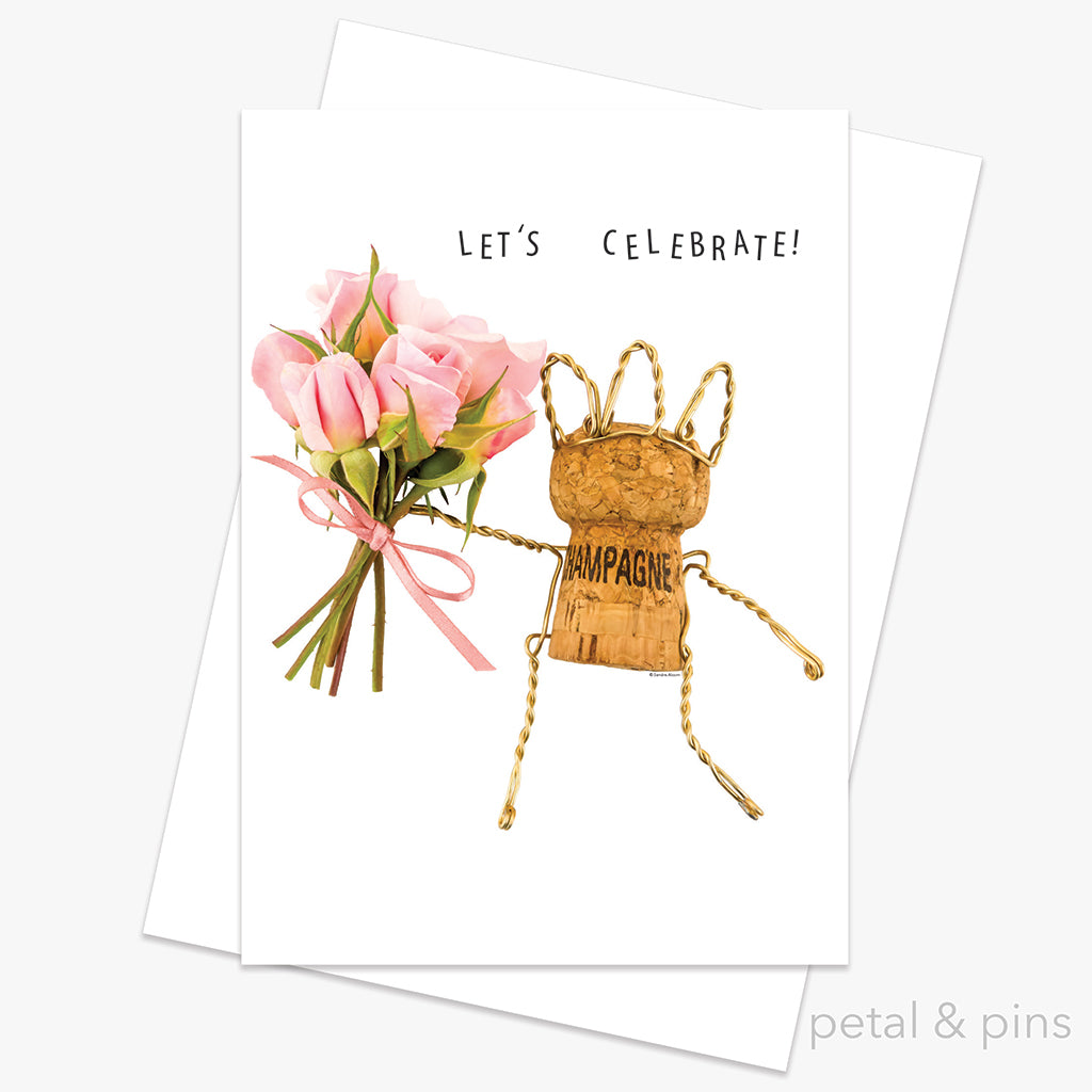 champagne girl let's celebrate greeting card by petal & pins
