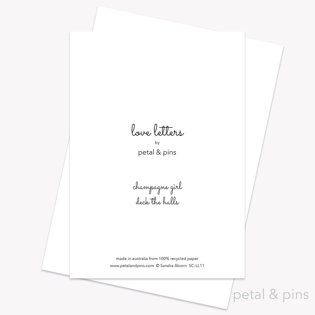 deck the hall and chill the champagne greeting card back by petal & pins