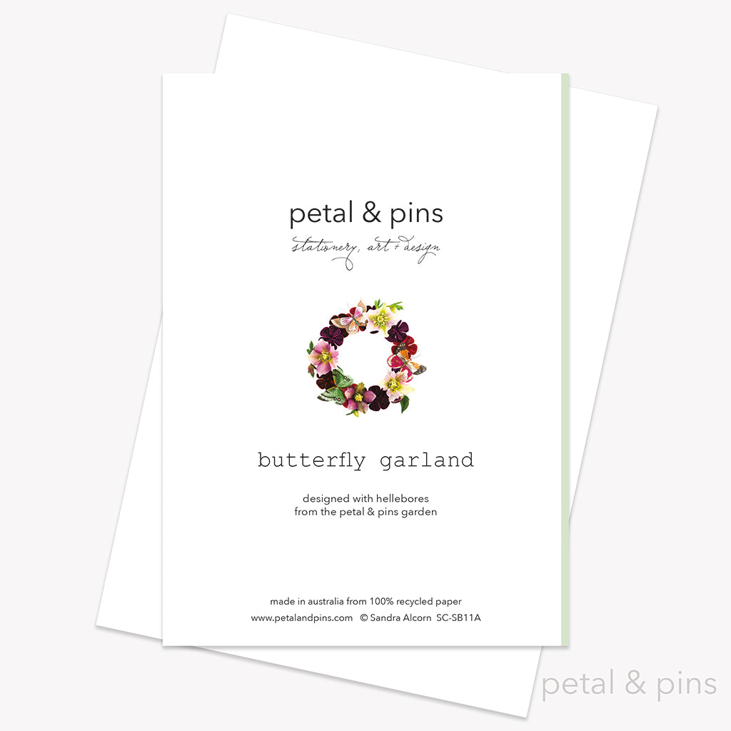 butterfly garland (pistachio) greeting card back by petal & pins
