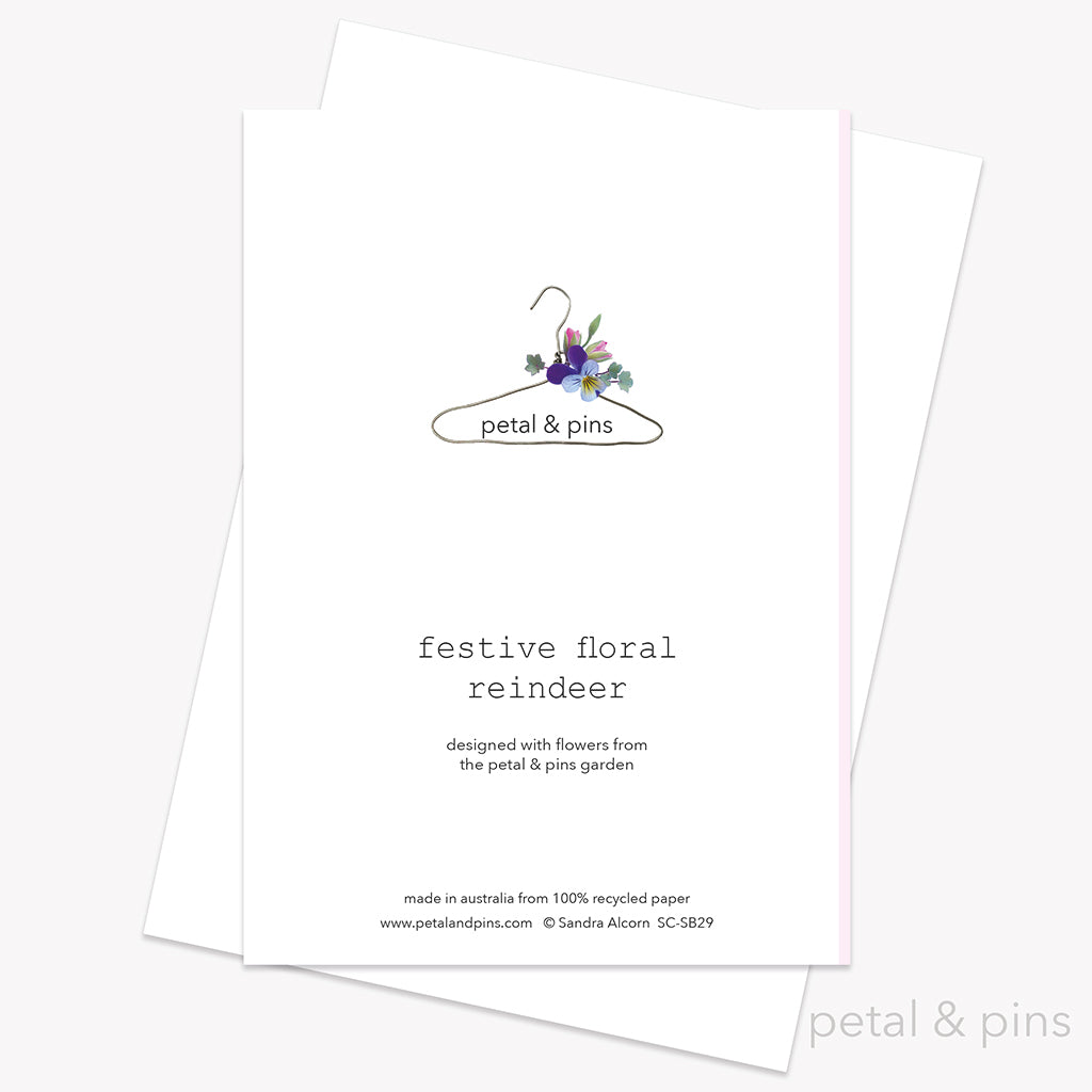 festive floral reindeer greeting card back by petal & pins