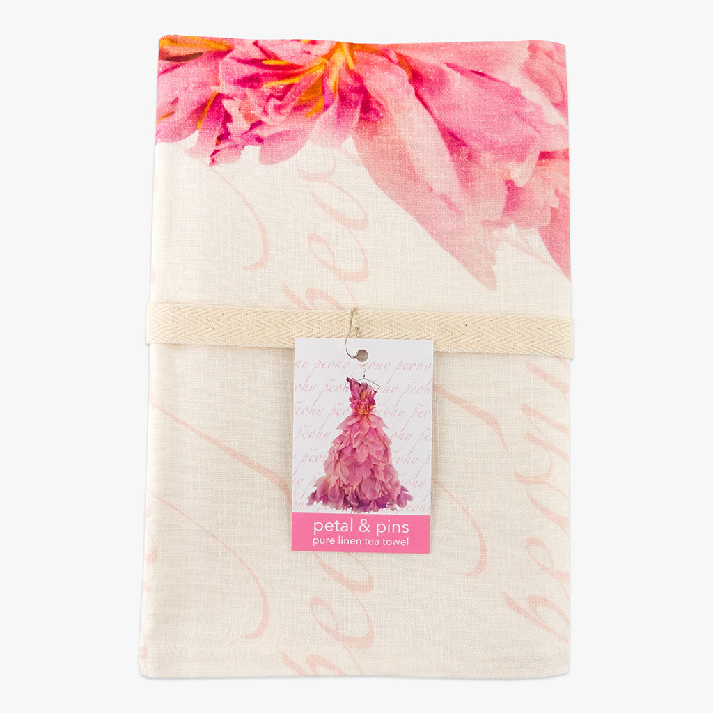 peony ballgown pure linen tea towel by petal & pins - folded with cotton twill band and tag