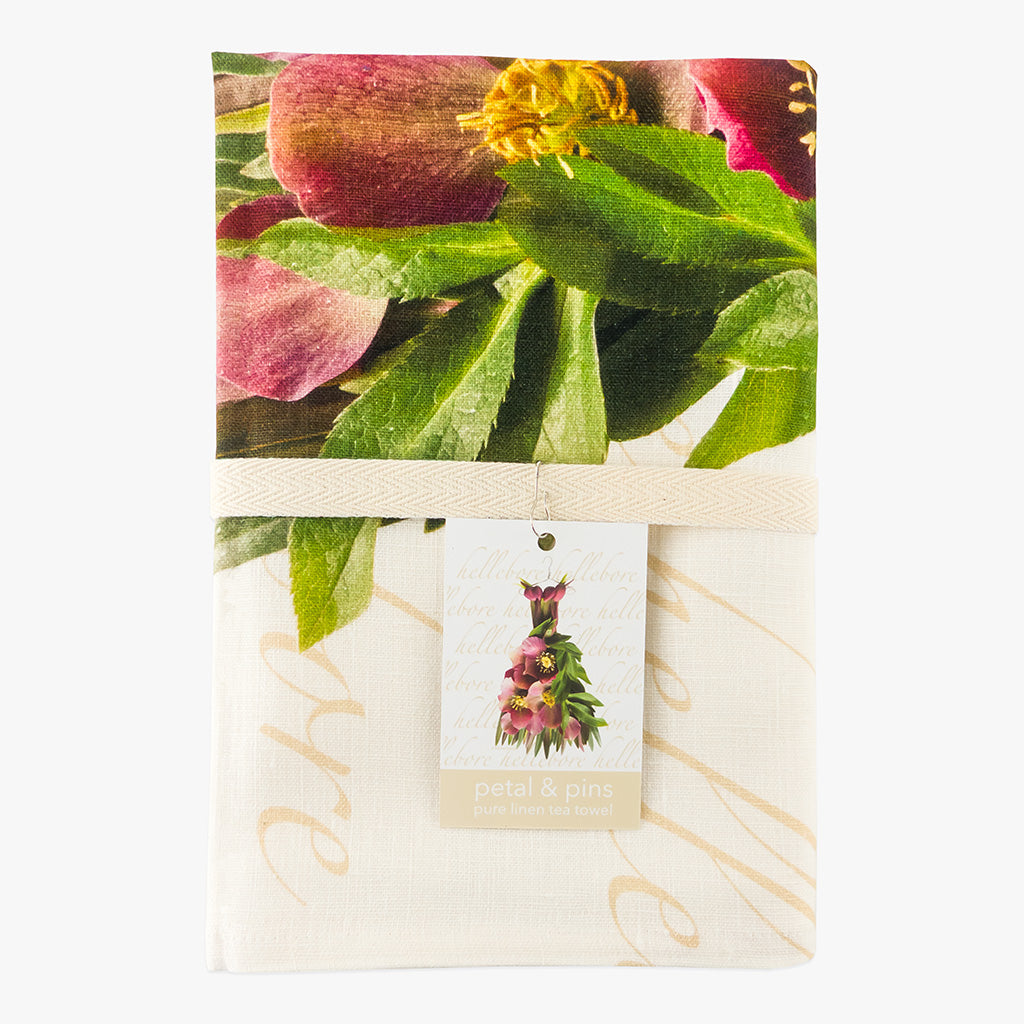 crimson hellebore dress pure linen tea towel by petal & pins - folded with cotton twill band and tag