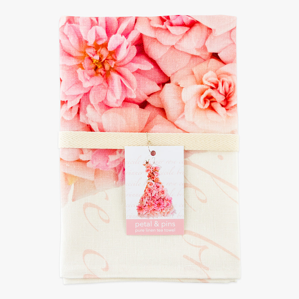 cécile brünner rose dress tea towel by petal & pins - folded with cotton twill band and tag