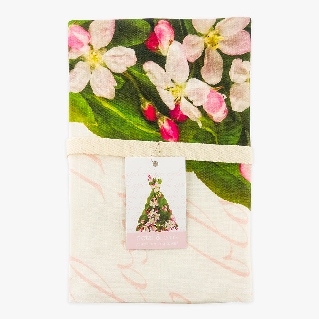 apple blossom dress pure linen tea towel by petal & pins - folded with cotton twill band and tag