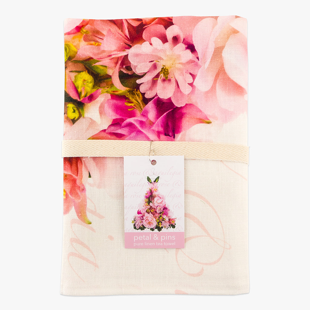 aquilegia & rose dress pure linen tea towel by petal & pins - folded with cotton twill band and tag
