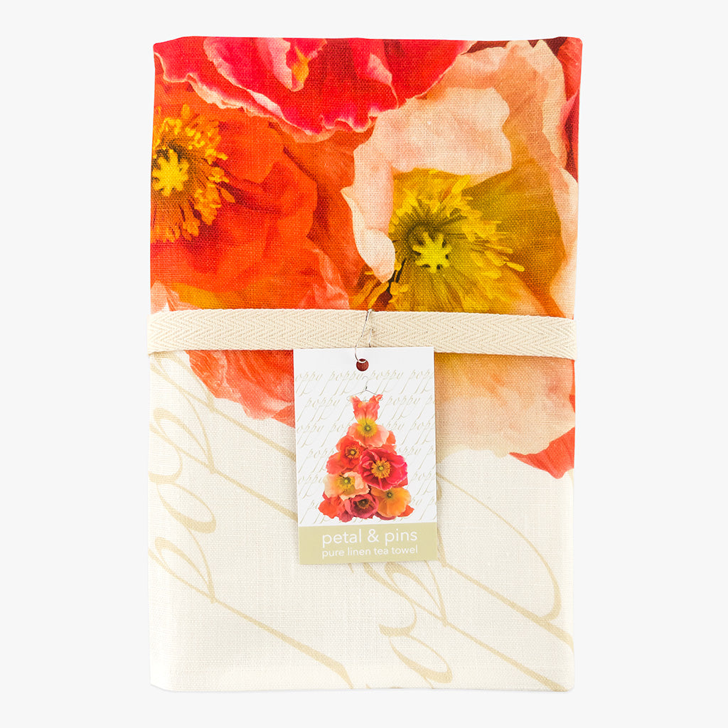 poppy dress pure linen tea towel by petal & pins - folded with cotton twill band and tag