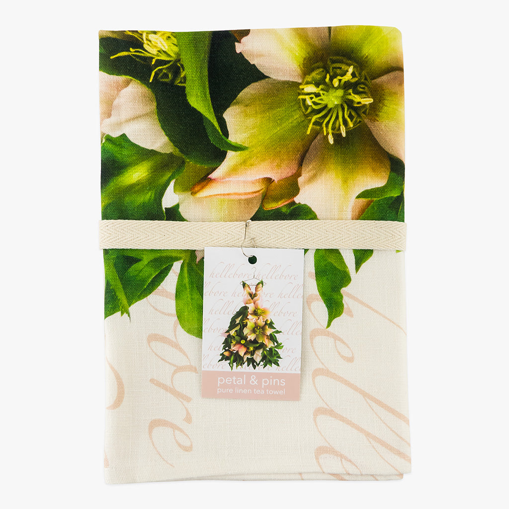 romance hellebore dress pure linen tea towel by petal & pins with cotton twill band and tag