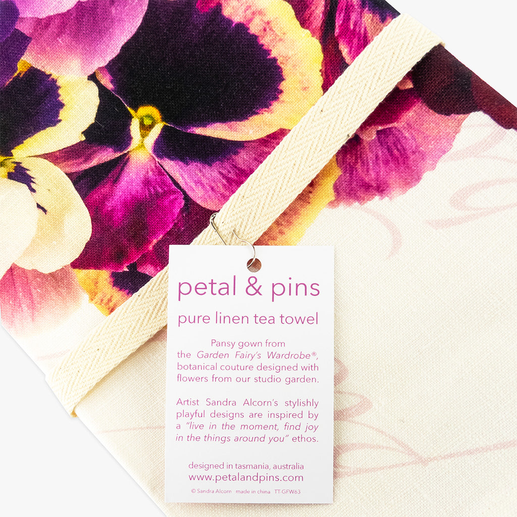 pansy gown pure linen tea towel from petal & pins folded with cotton twill band and tag reverse detail