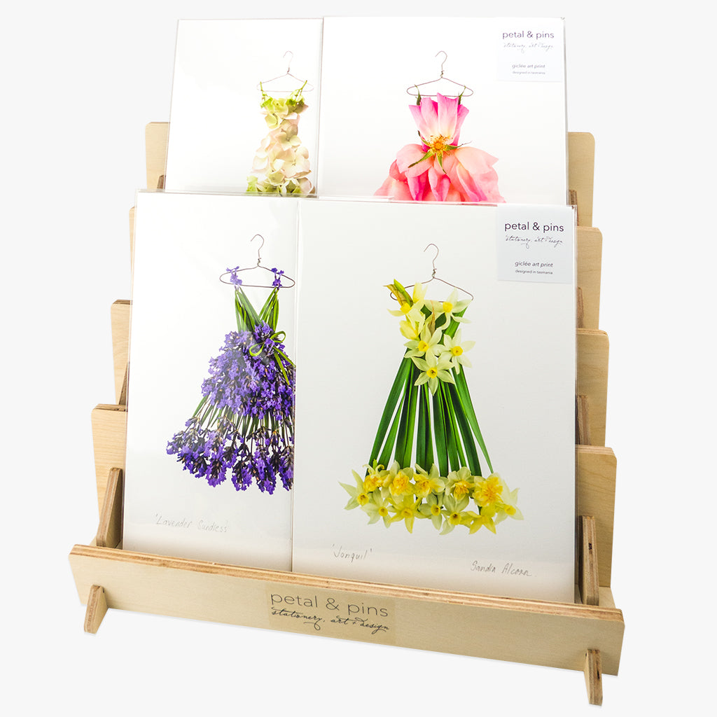 card display stand - filled with petal & pins A4 size art prints