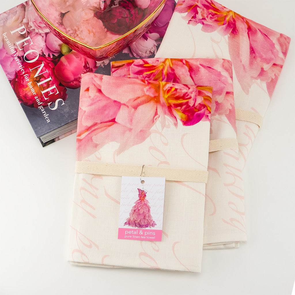 floral pure linen tea towel - pink peony design