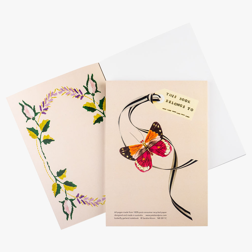 butterfly garland notebook - latte - back and inside cover - by petal & pins