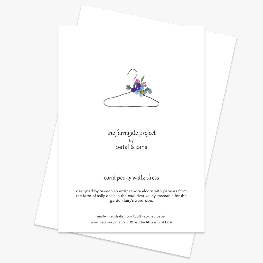 coral peony waltz dress greeting card back from the farmgate project by petal & pins