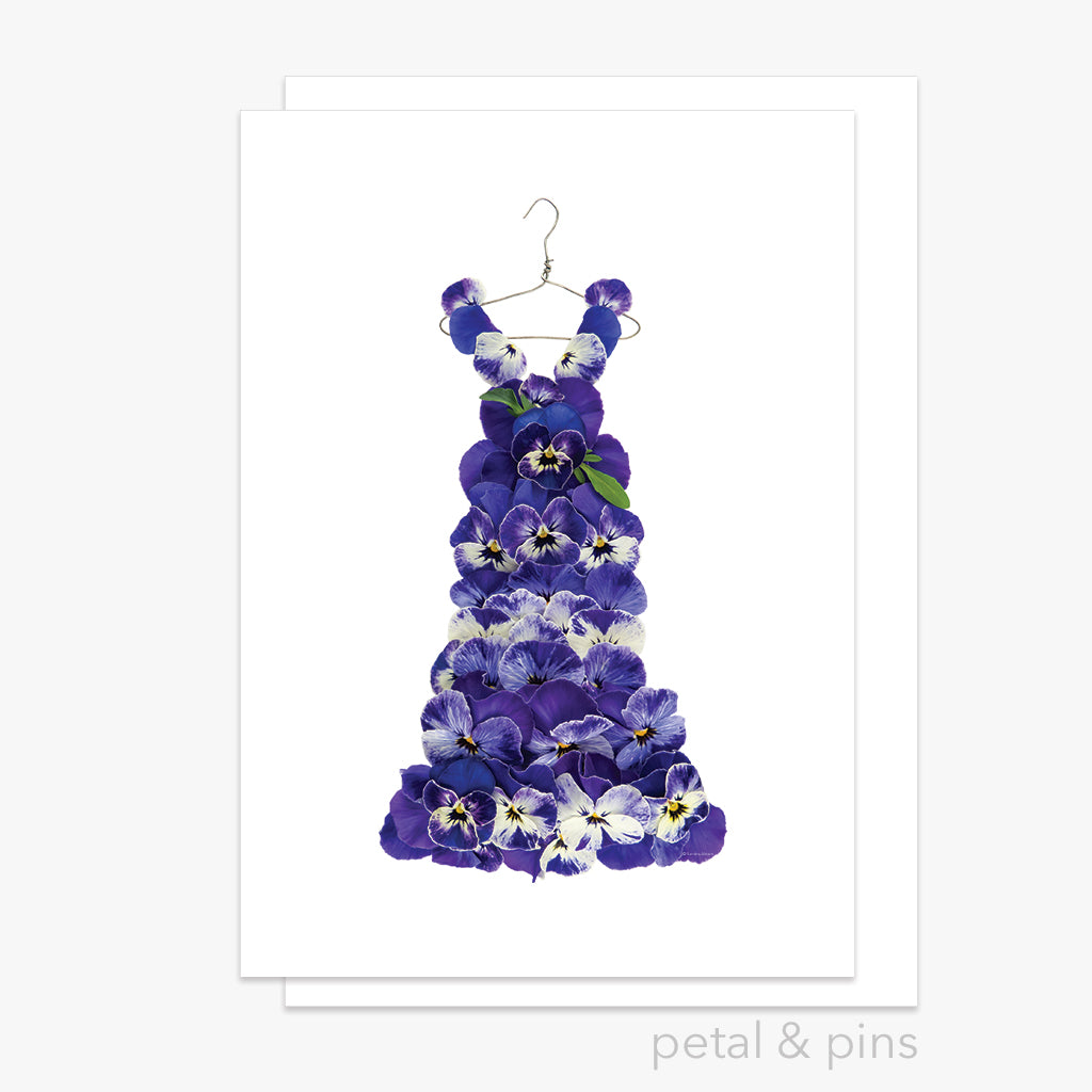 purple pansy dress greeting card by petal & pins