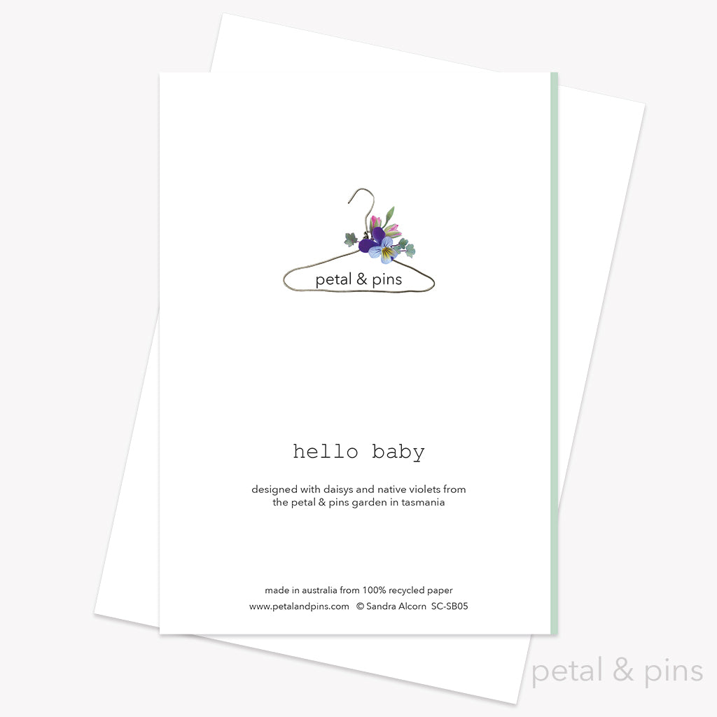 hello baby greeting card back from the scrapbook collection by petal & pins