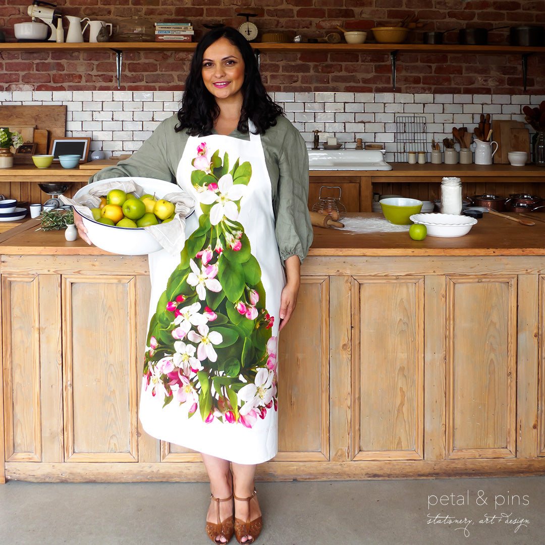 apple blossom apron by petal & pins - styled with model in kitchen