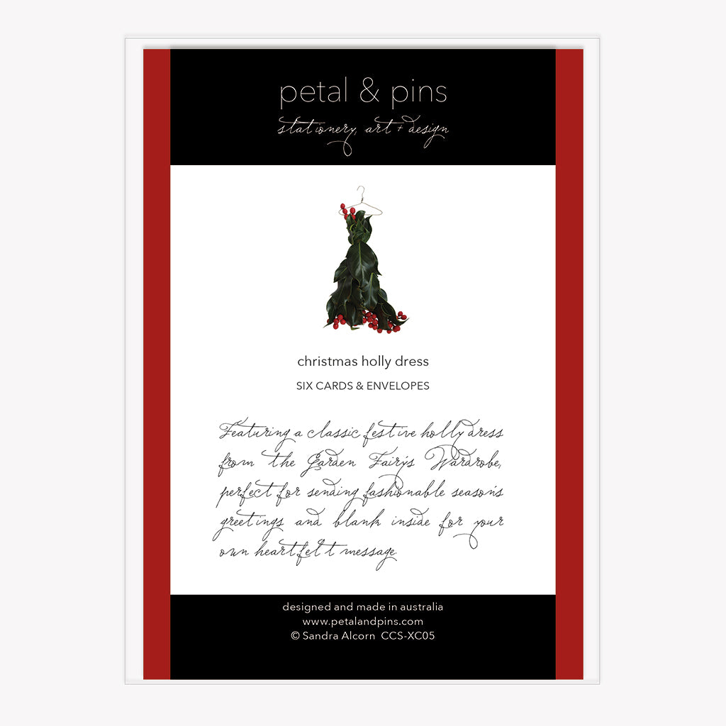 tidings of joy holly - boxed set of six Christmas cards (back) by petal & pins