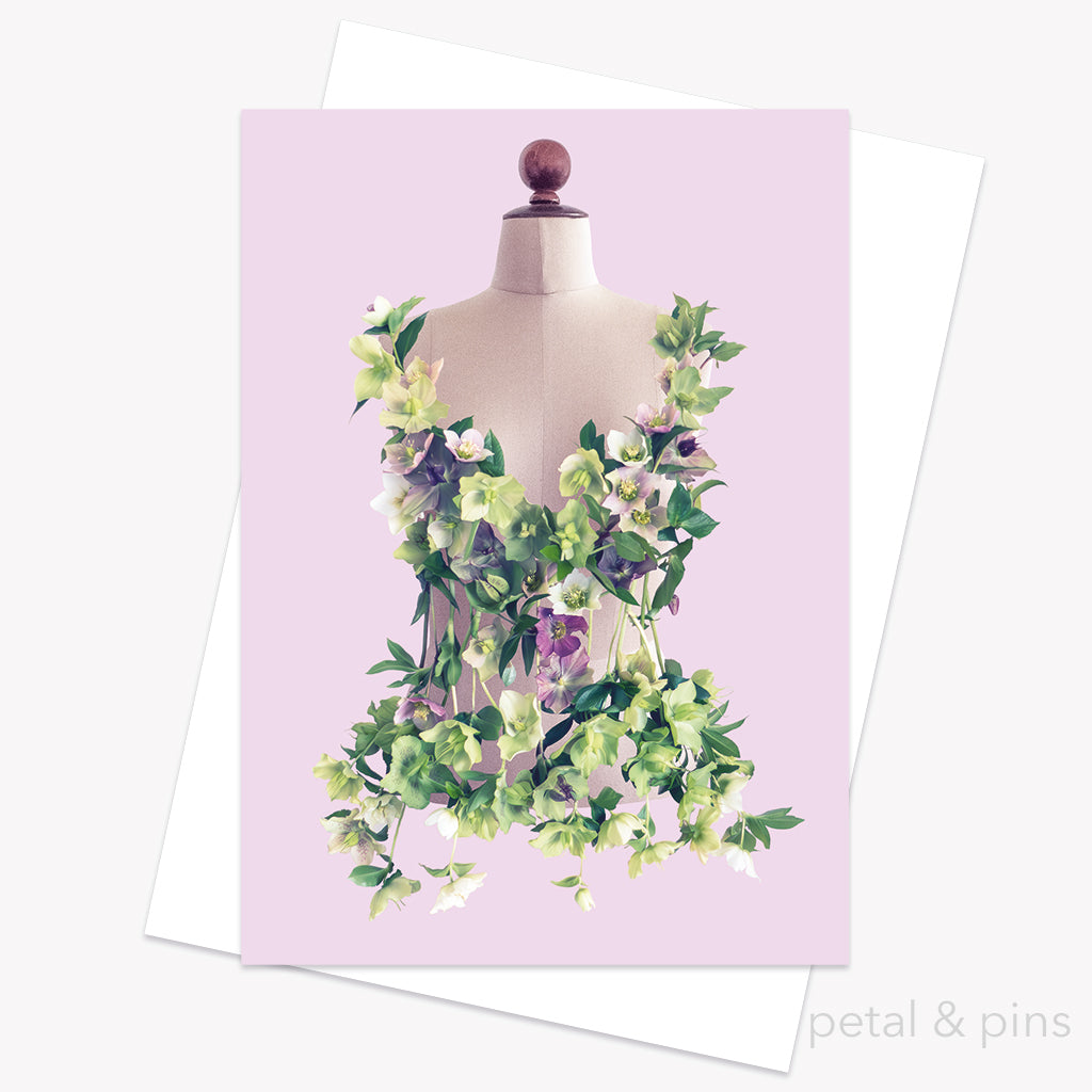 hellebore bodice greeting card from the fairytale collection by petal & pins