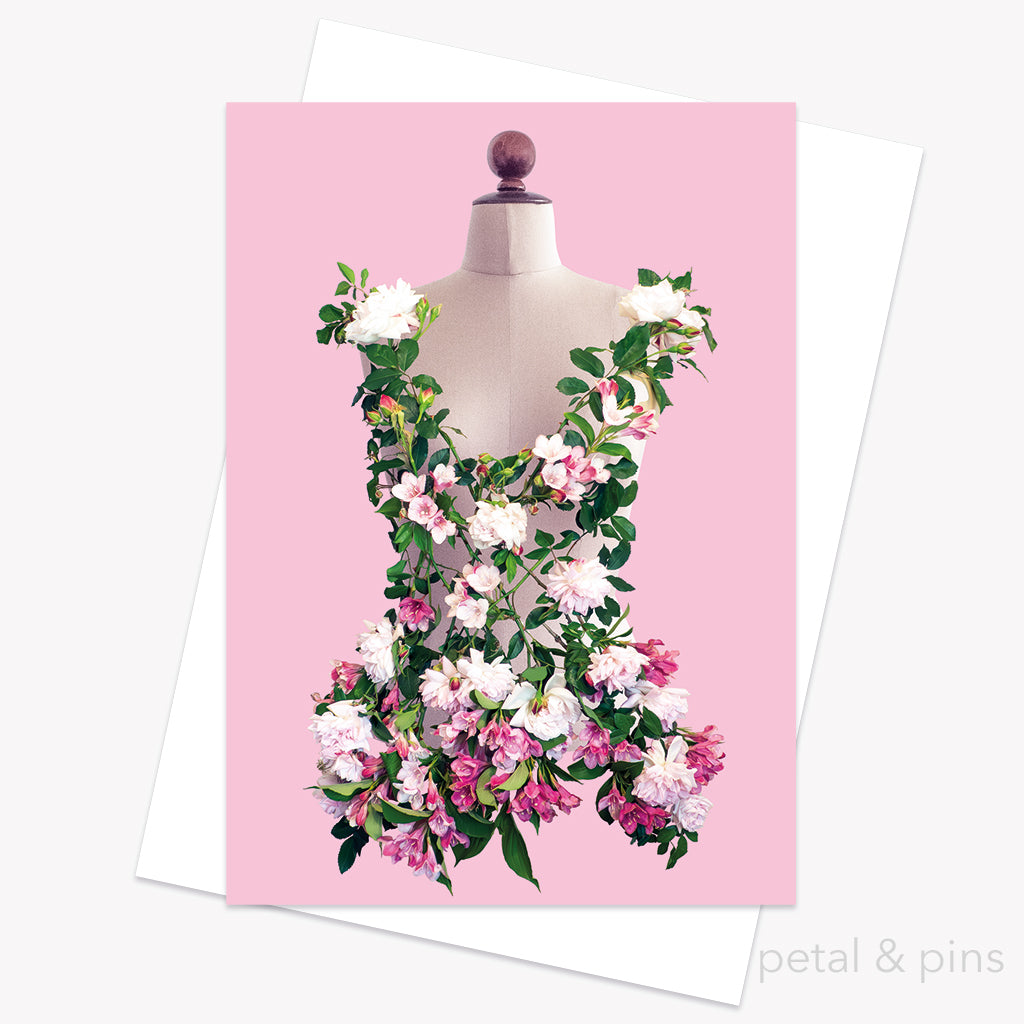 rose & beauty bush bodice greeting card from the fairytale collection by petal & pins