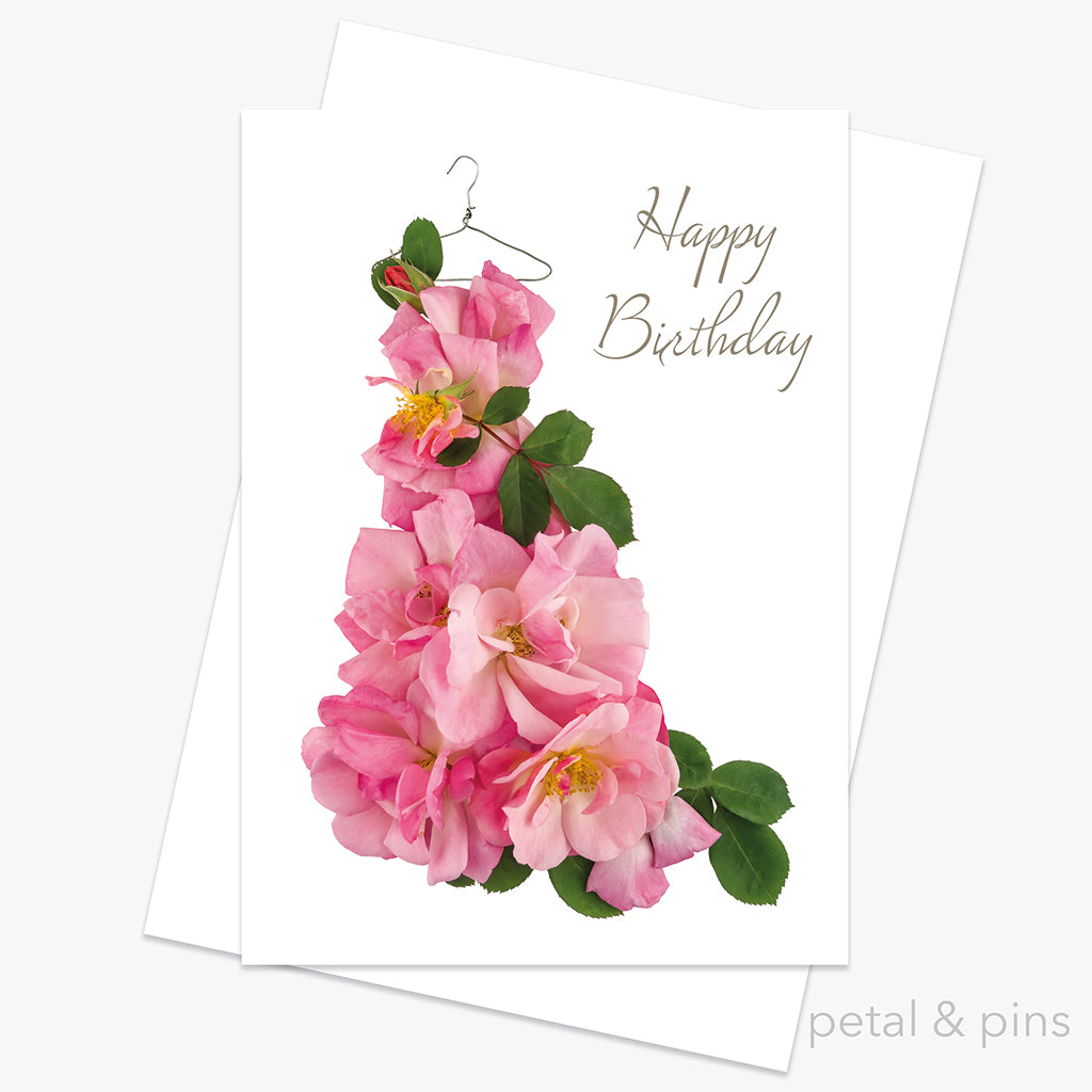 pink rose dress birthday card from the fairytale collection by petal & pins