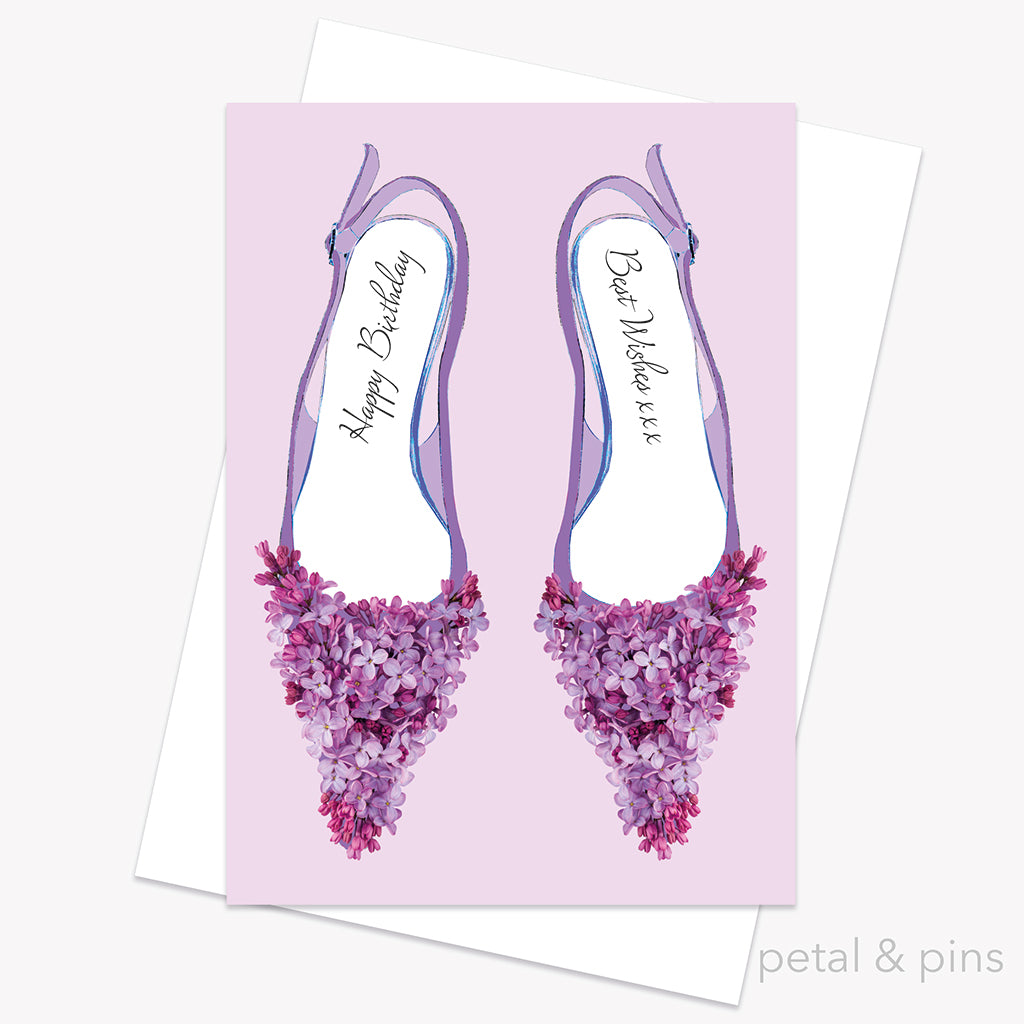 Greeting card with floral high heels and 'Happy Birthday' text on a lilac background by petal & pins.