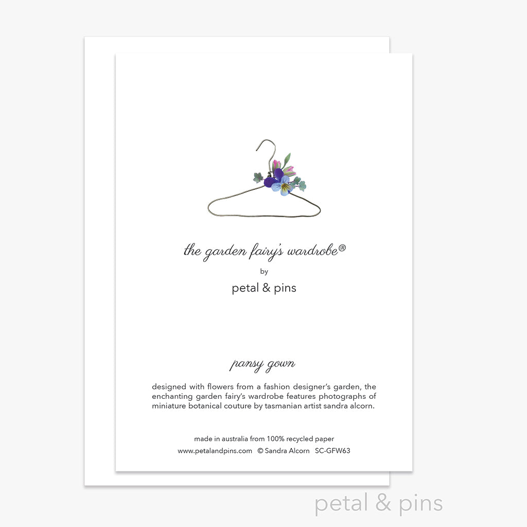 pansy gown greeting card back from the garden fairy's wardrobe by petal & pins