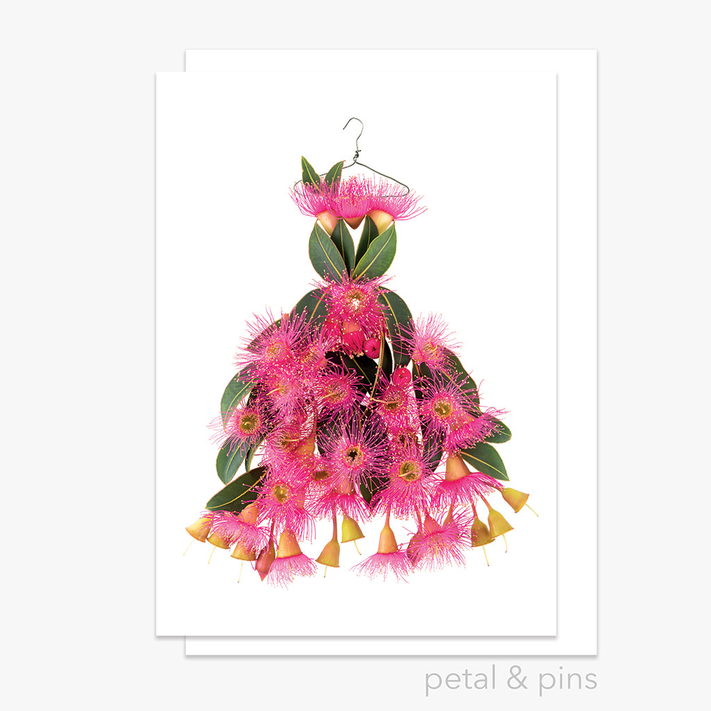pink gum blossom dress greeting card from the garden fairy's wardrobe by petal & pins