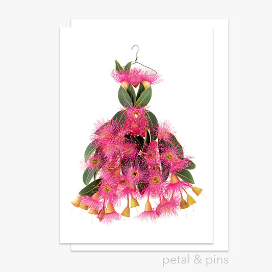 pink gum blossom dress greeting card from the garden fairy's wardrobe by petal & pins