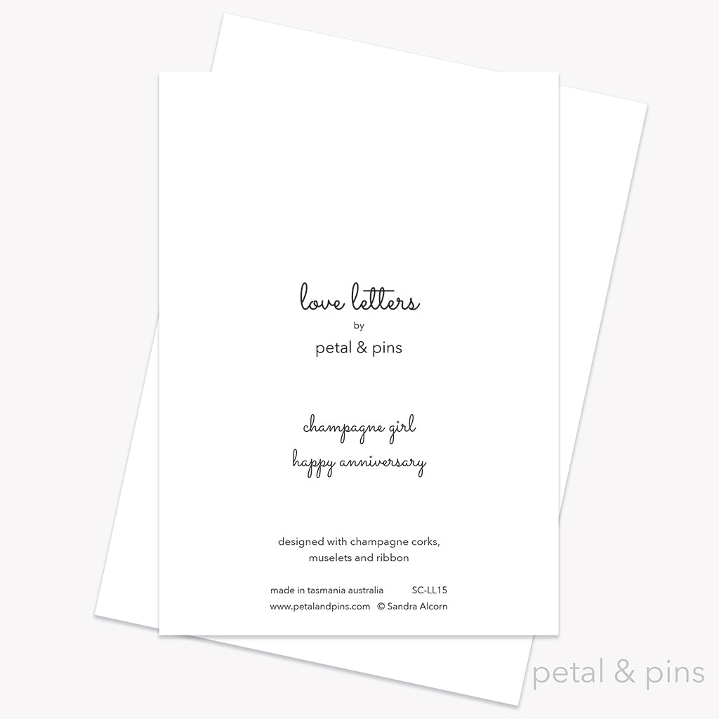 Champagne Girl - Happy Anniversary Card back from the Love Letters collection by petal & pins.