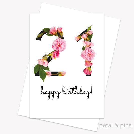 21st birthday card featuring pink roses from the love letters collection by petal & pins