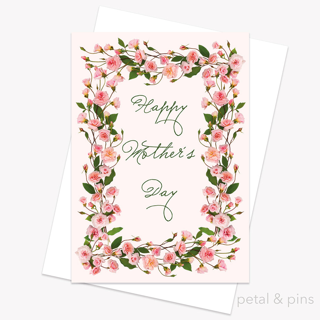 Happy Mother's Day pink roses greeting card by petal & pins
